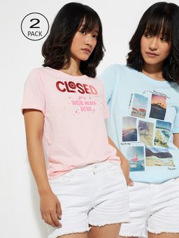 max - Women Multi-Color Cotton Graphic Regular T Shirt (Pack of 2)