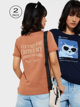 max - Women Multi-Color Cotton Graphic Regular T Shirt (Pack of 2)