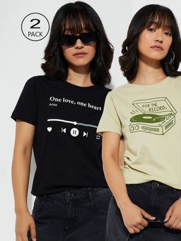 max - Women Multi-Color Cotton Graphic Regular T Shirt (Pack of 2)