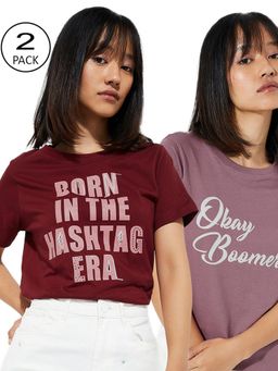 max - Women Multi-Color Cotton Graphic T Shirt (Pack of 2)