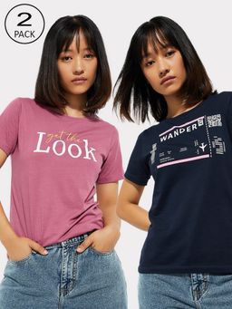max - Women Multi-Color Cotton Graphic Regular T Shirt (Pack of 2)