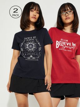 max - Women Multi-Color Cotton Graphic Regular T Shirt (Pack of 2)