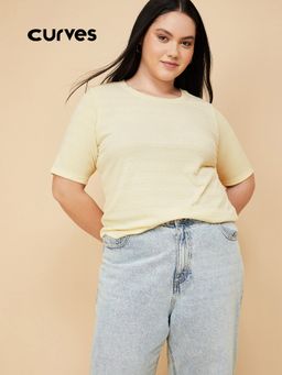 max - Women Yellow Cotton Textured T-Shirt
