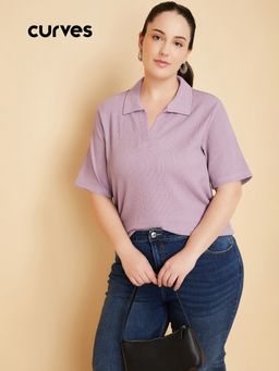 max - Women Purple Polyester Blend Textured T-Shirt