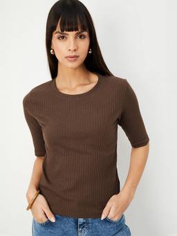max - Women Brown Cotton Blend Textured Regular T-Shirt