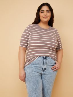 max - Women Purple Cotton Blend Stripes T-Shirt