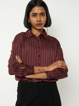 max - Women Striped Formal Maroon Shirt