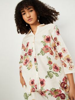 max - Women Floral Print Off White Shirt