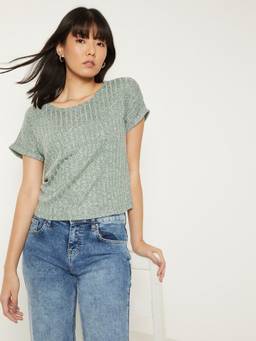 max - Women Green Cotton Blend Textured Regular T-Shirt