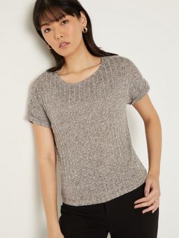max - Women Brown Cotton Blend Textured Regular T-Shirt