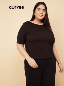 max - Women Black Cotton Blend Textured T-Shirt