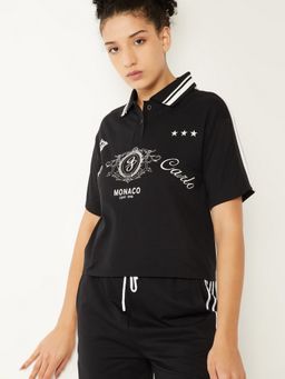 max - Women Black Cotton Blend Graphic Regular Polo T-Shirt