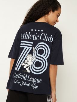 max - Women Navy Blue Pure Cotton Graphic Regular T-Shirt