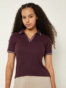 max - Women Wine Cotton Blend Solid Regular T-Shirt