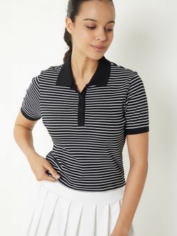 max - Women Black Cotton Blend Stripes Regular Polo T-Shirt