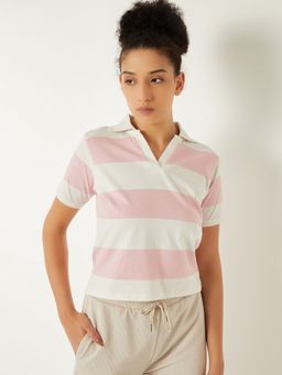 max - Women Pink Cotton Blend Stripes Regular Polo T-Shirt