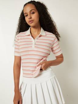 max - Women Pink Cotton Blend Stripes Regular Polo T-Shirt