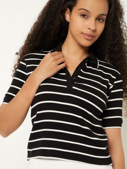 max - Women Black Cotton Blend Stripes Regular Polo T-Shirt