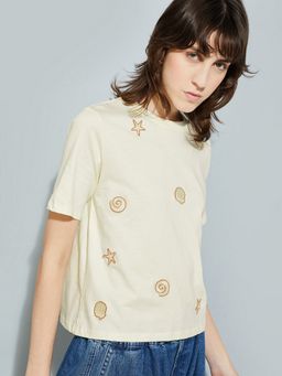 max - Women Cream Pure Cotton Embroidered Regular T-Shirt