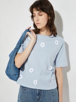 max - Women Blue Pure Cotton Embroidered Regular T-Shirt