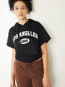 max - Women Black Cotton Blend Typography Regular T-Shirt