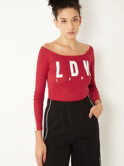 max - Women Red Cotton Blend Typography Regular T-Shirt