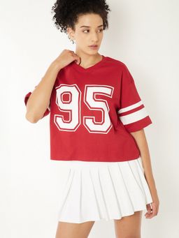 max - Women Red Cotton Blend Typography Regular T-Shirt
