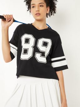 max - Women Black Cotton Blend Typography Regular T-Shirt