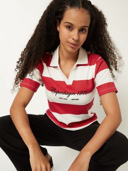 max - Women Red Cotton Blend Stripes Regular T-Shirt