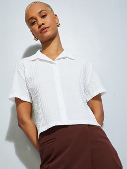 max - Women Textured Boxy Fit Crop White Shirt