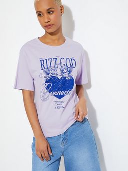 max - Women Lavender Pure Cotton Typography Regular T-Shirt