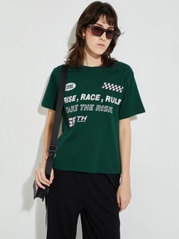 max - Women Green Pure Cotton Typography Regular T-Shirt