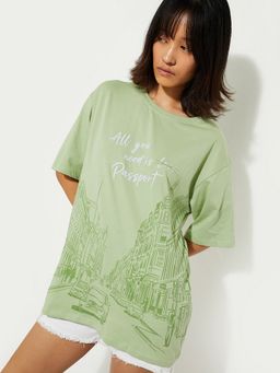 max - Women Green Pure Cotton Typography Regular T-Shirt