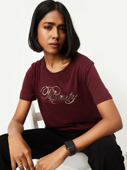 max - Women Maroon Pure Cotton Typography Regular T-Shirt