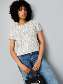 max - Women Grey Pure Cotton Abstract Regular T-Shirt