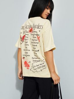 max - Women Beige Pure Cotton Typography Regular T-Shirt