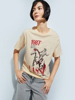 max - Women Cream Pure Cotton Graphic Regular T-Shirt