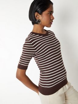 max - Women Brown Cotton Blend Stripes Regular T-Shirt