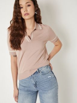 max - Women Pink Cotton Blend Solid Regular T-Shirt