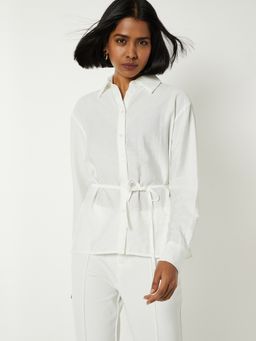 max - Women Textured Tie-up Waist Cream Shirt