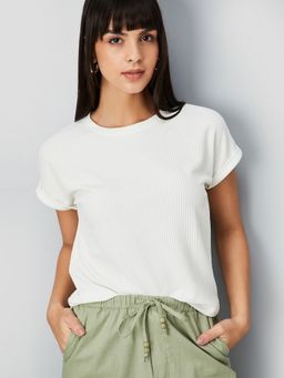 max - Women White Polyester Blend Self Design Regular T-Shirt