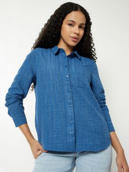 max - Women Textured Blue Shirt