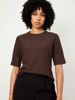 max - Women Brown Polyester Blend Self Design Regular T-Shirt