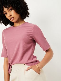 max - Women Pink Polyester Blend Self Design Regular T-Shirt