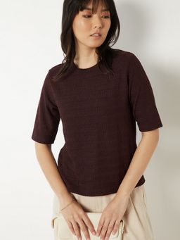 max - Women Wine Polyester Blend Printed Regular T-Shirt