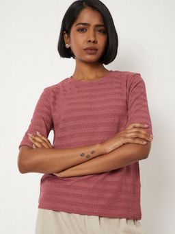 max - Women Pink Polyester Blend Self Design Regular T-Shirt