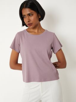 max - Women Brown Polyester Blend Self Design Regular T-Shirt