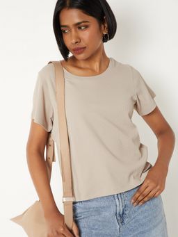max - Women Beige Polyester Blend Self Design Regular T-Shirt