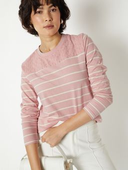 max - Women Pink Pure Cotton Stripes Regular T-Shirt