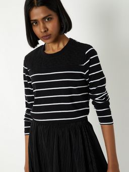 max - Women Black Pure Cotton Stripes Regular T-Shirt